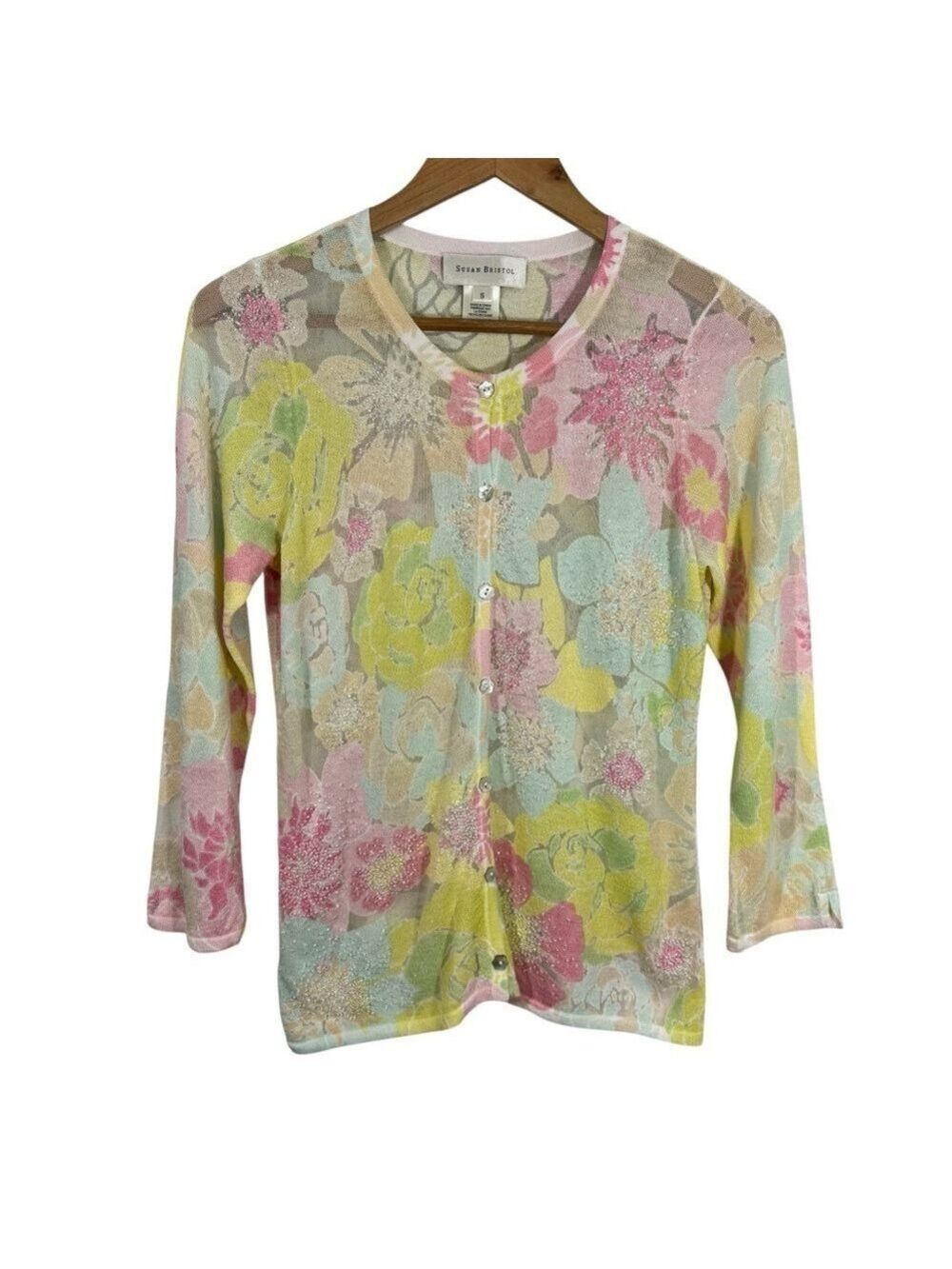 Vtg Susan Bristol Beaded Floral Cardigan Sz S Pastel Sheer Button Up Sweater EUC